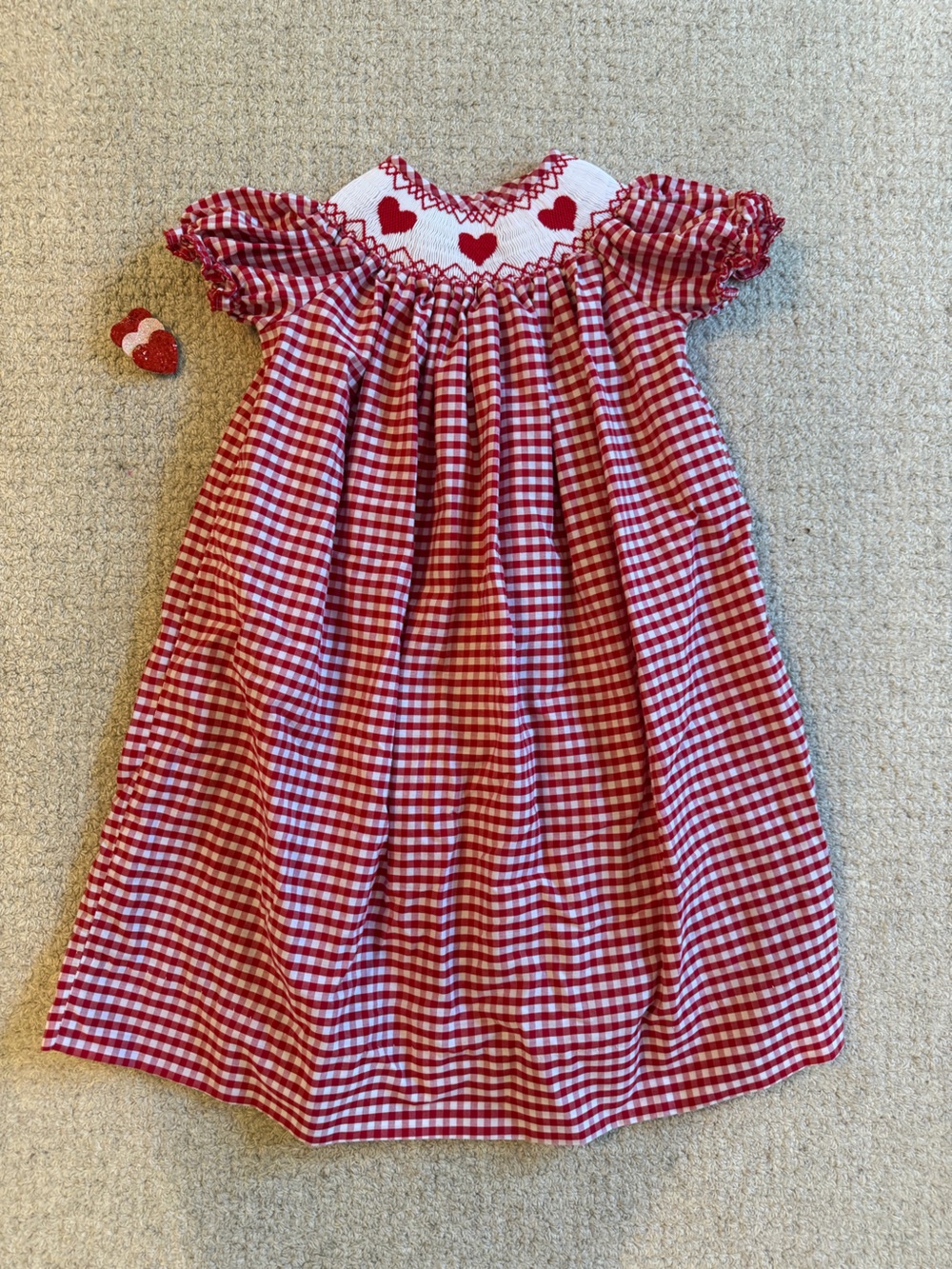Girls' Red Gingham Heart Smocked Dress